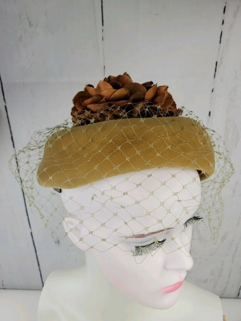 1960s Taupe Velvet Don Anderson Pillbox Hat w/ Floral Decor on Top & Netting